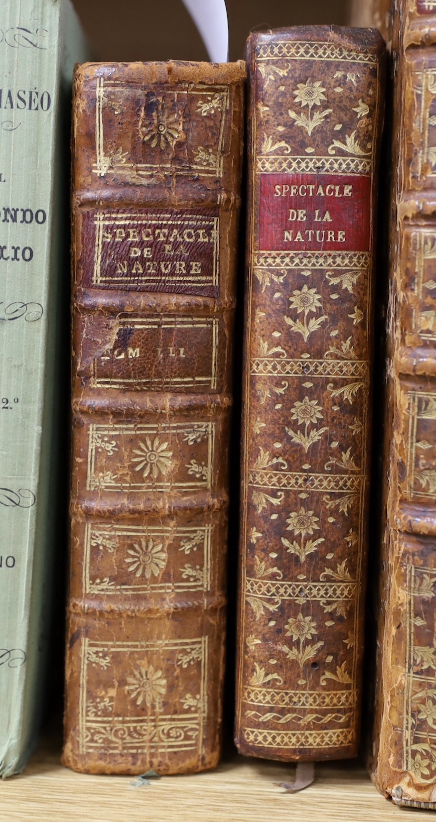 [Pluche, Noel Antoine] - 2 works - Le Spectacle de la Nature ou Entretiens sur les Particularites de L’Historoire Naturelle…vol. 3, 12mo, calf, with folding engraved plates, Paris, 1748 and Analyse et Abrege Raisonne du